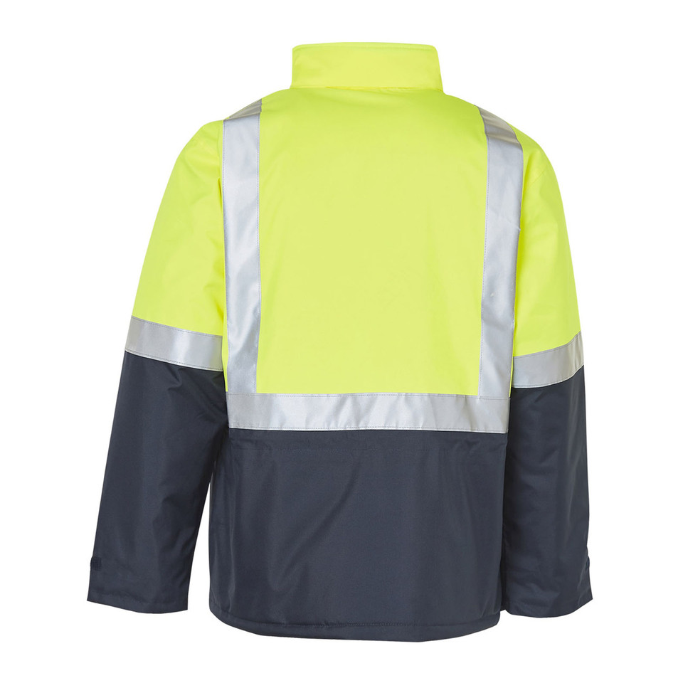 Hi-vis yellow and charcoal rain jacket with silver reflective tape strips across shoulders and back