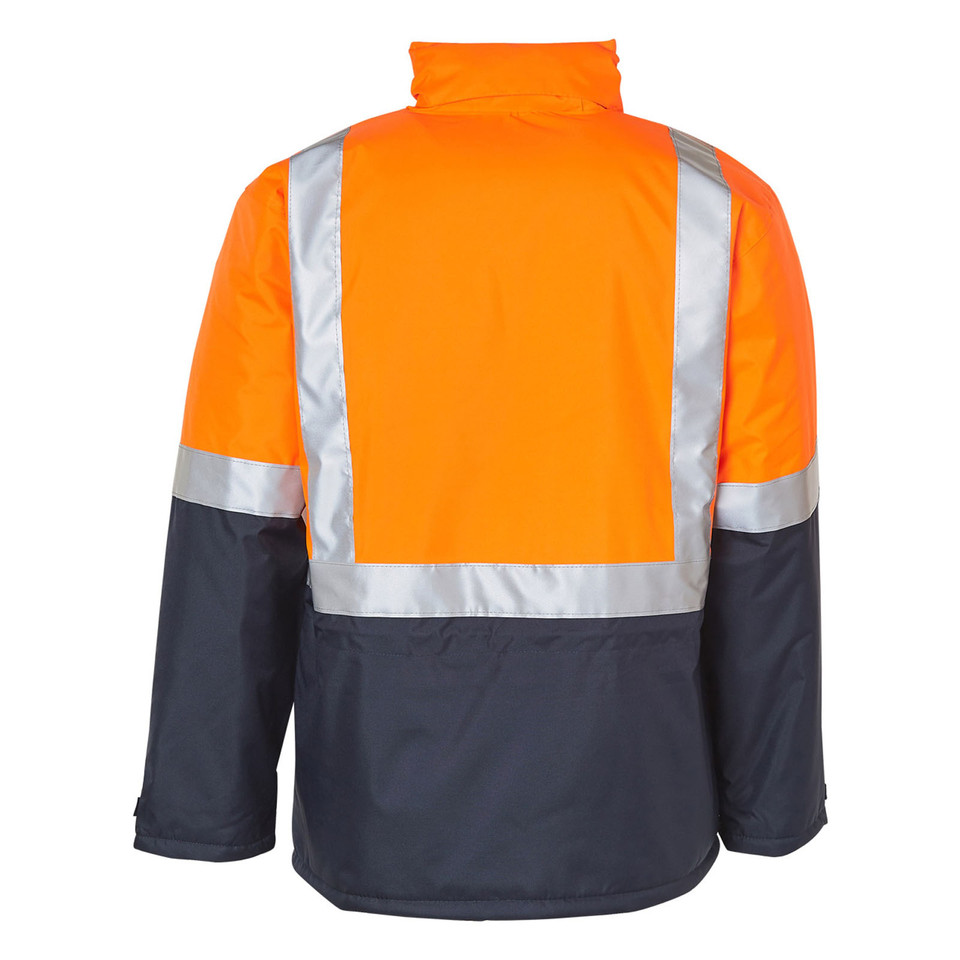 Back view of orange and navy hi-vis jacket with horizontal and vertical 3M reflective tape panels