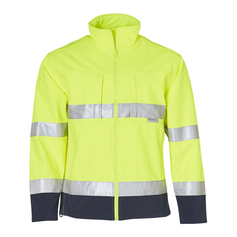 Hi-vis yellow and navy two-tone softshell jacket with full-length zip, stand collar, and horizontal 3M reflective tape bands on chest and sleeves