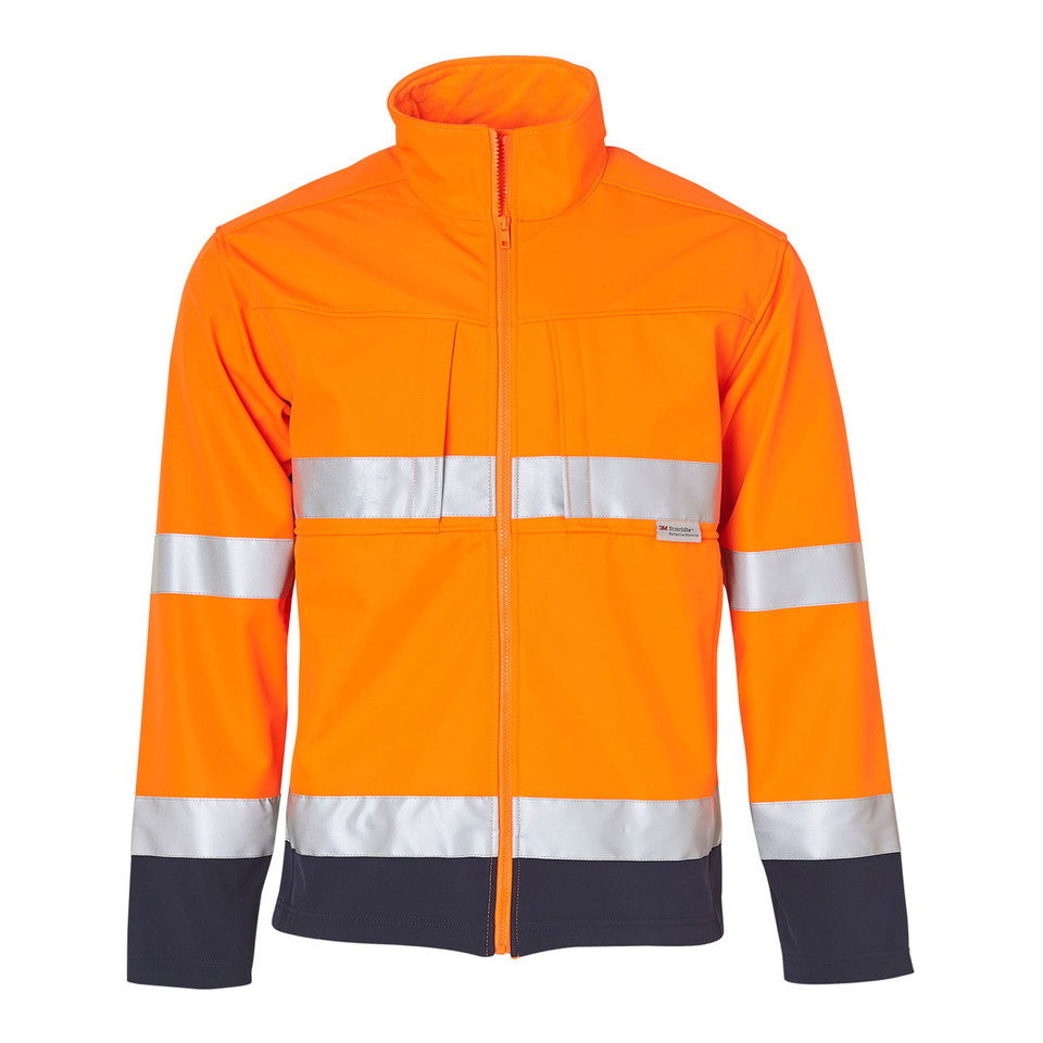 Hi-vis orange and navy two-tone softshell jacket with silver 3M reflective tape bands on chest and sleeves