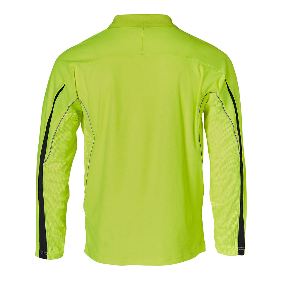 Hi-vis lime long sleeve polo with black piping and reflective tape on sleeves, rear view
