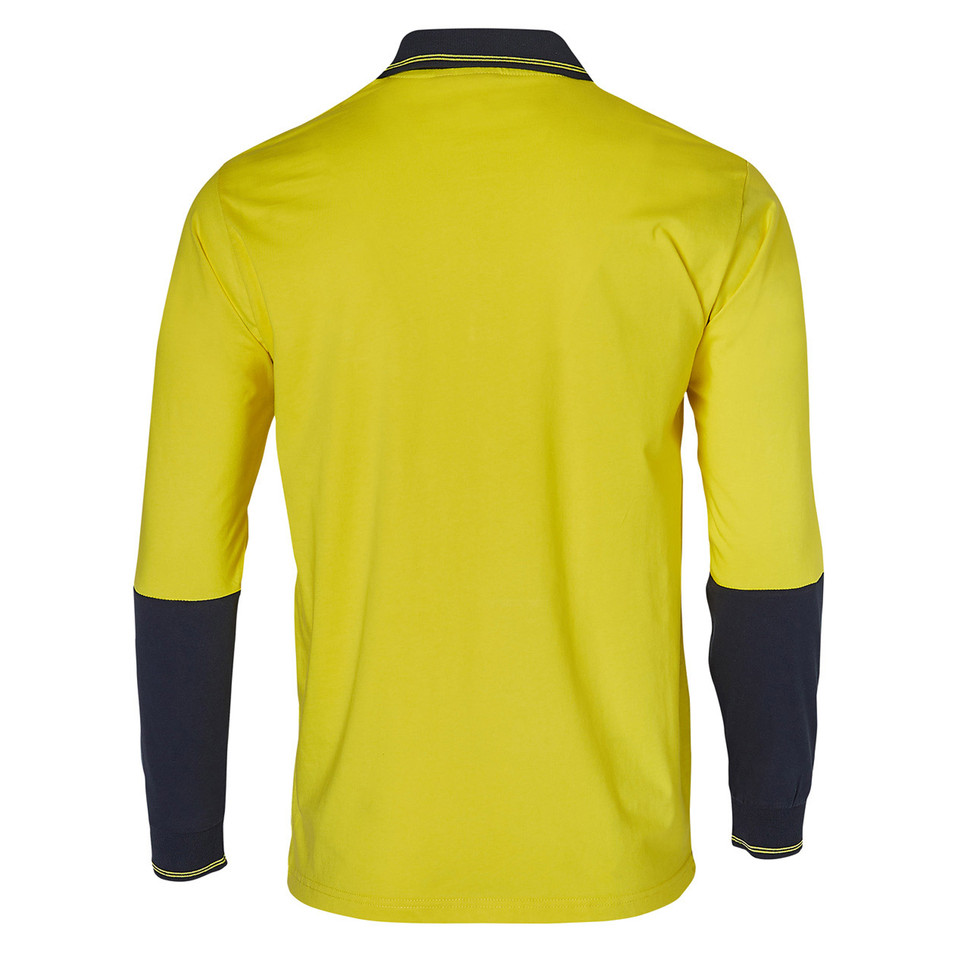 Hi-vis yellow long sleeve polo shirt with charcoal collar and cuff contrast panels, back view