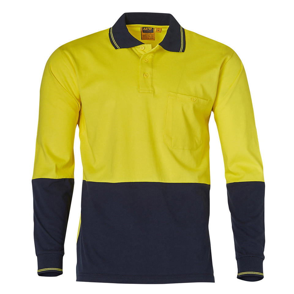 Hi-vis yellow and navy long sleeve polo shirt with contrasting collar and chest pocket