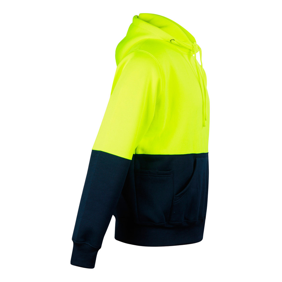 High-visibility safety yellow and navy two-tone hoodie with kangaroo pocket and colour-blocked panels