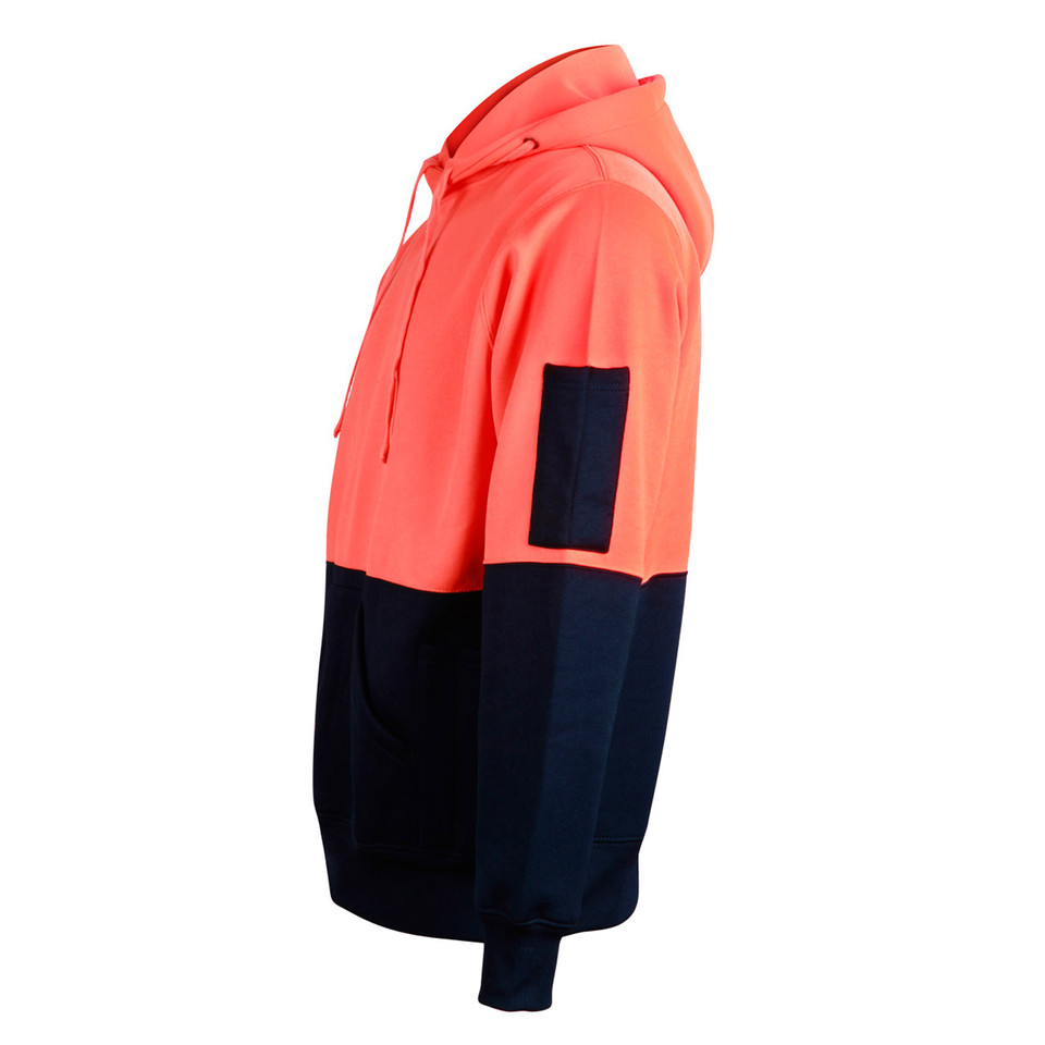 Coral pink and navy two-tone hoodie with kangaroo pocket and drawstring hood, side view