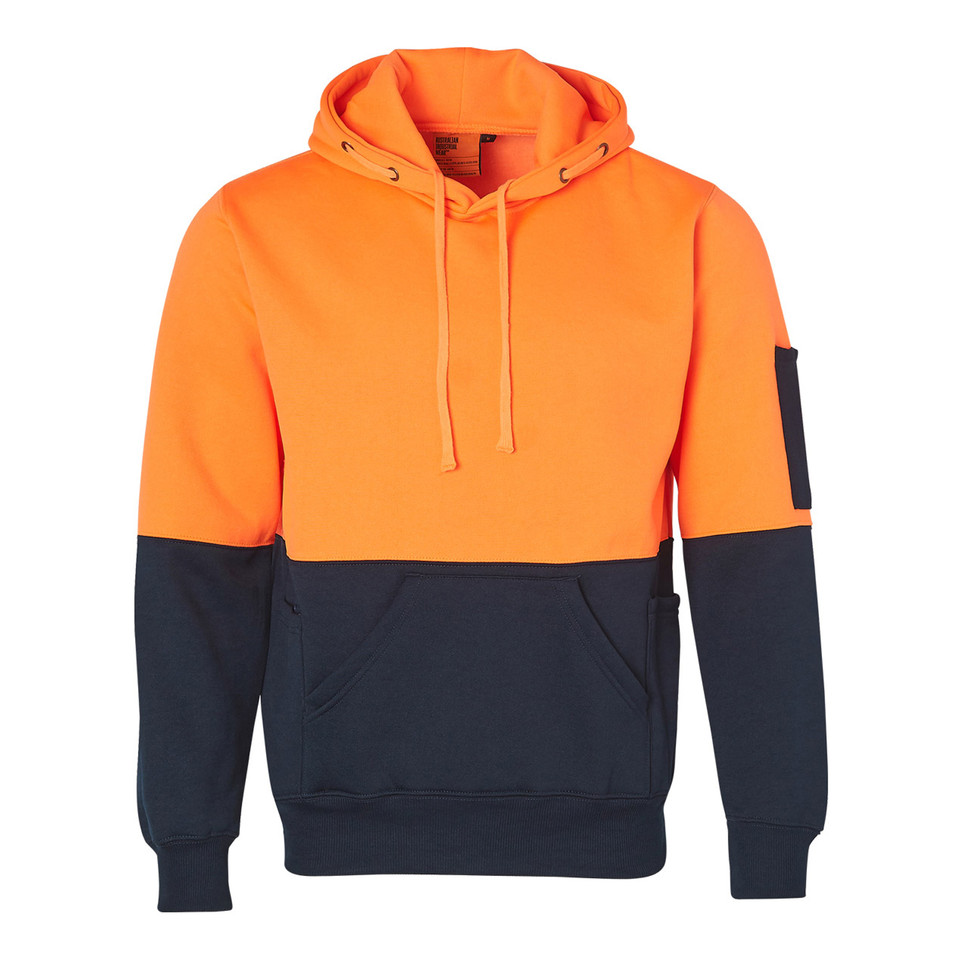 Hi-vis orange and navy two-tone hoodie with kangaroo pocket and contrast drawcords