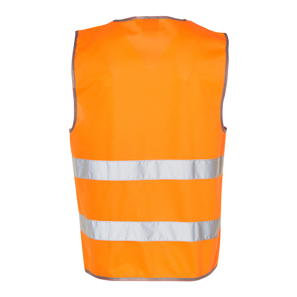 Back view of fluorescent orange hi-vis safety vest with two horizontal silver reflective tape bands
