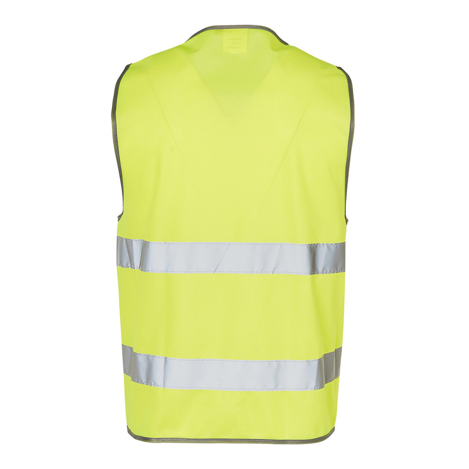Back view of fluorescent yellow unisex safety vest with two horizontal silver reflective tape bands