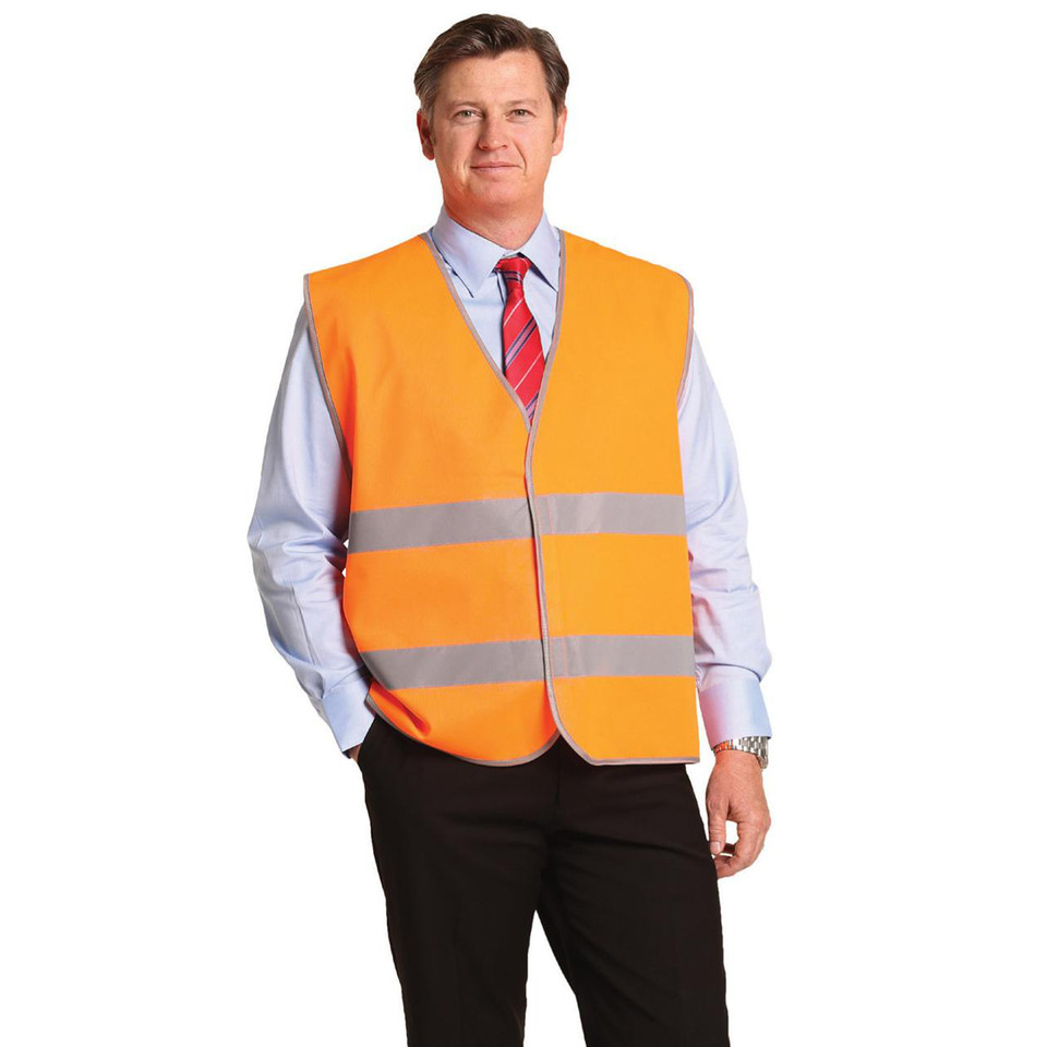 Orange hi-vis safety vest with silver reflective tape stripes worn over business shirt and tie