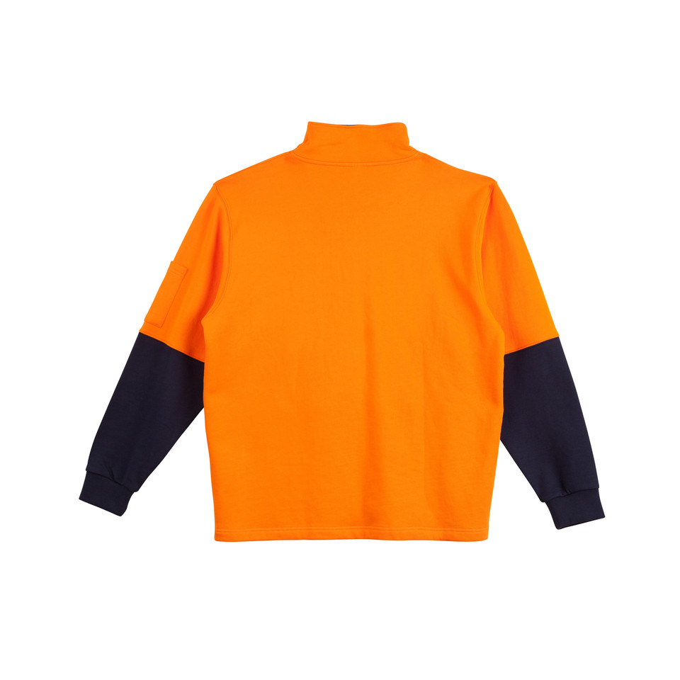 Hi-vis orange fleece zip sweater with navy sleeves and stand-up collar, rear view showing colour-block panels
