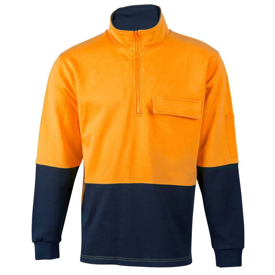 High-visibility orange and navy fleece sweater with half zip, chest pocket and contrast colour blocking