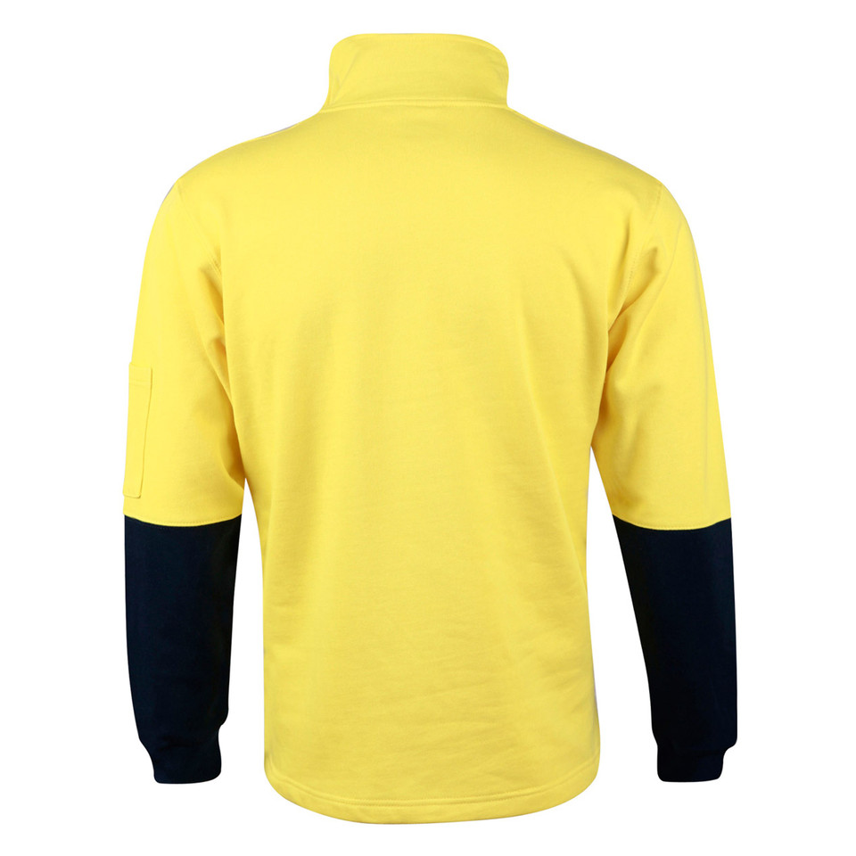 Back view of yellow hi-vis zip fleece sweater with navy contrast cuffs and high collar