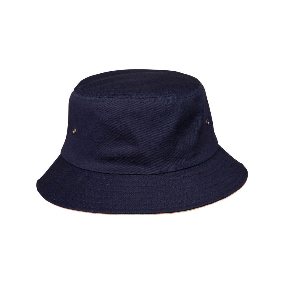 Navy bucket hat with wide brim and contrast stitching detail, structured cotton crown with metal eyelets