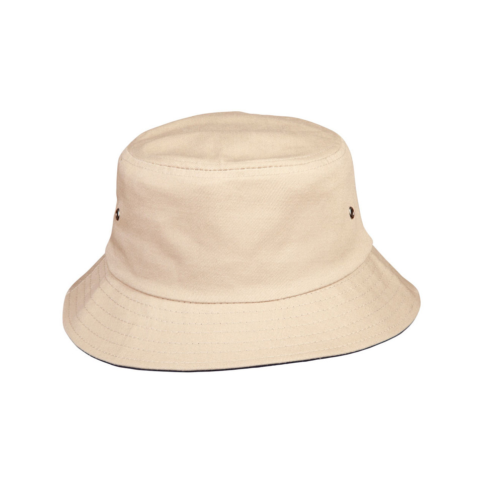 Natural beige bucket hat with dark contrast trim and metal eyelets on crown