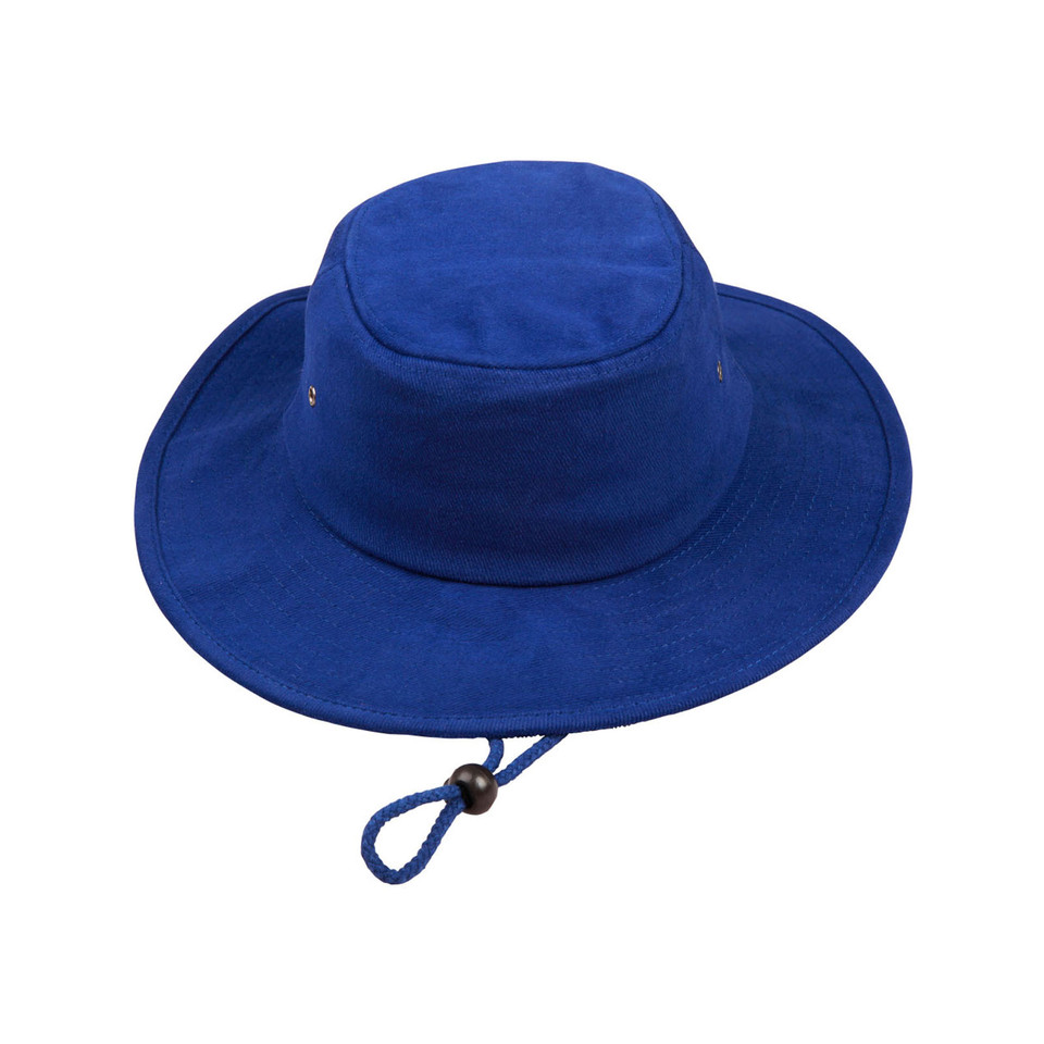 Royal blue brushed cotton surf hat with wide brim and adjustable chin cord with toggle