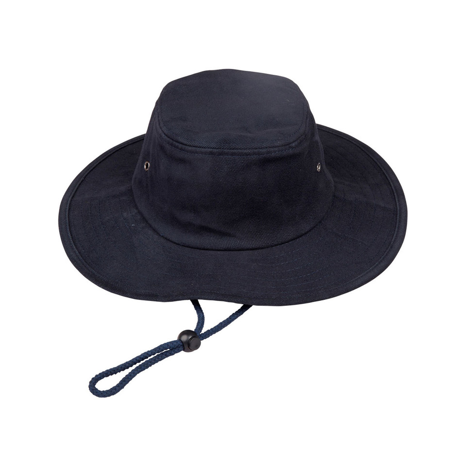Navy brushed cotton surf hat with wide brim, eyelets and adjustable chin cord