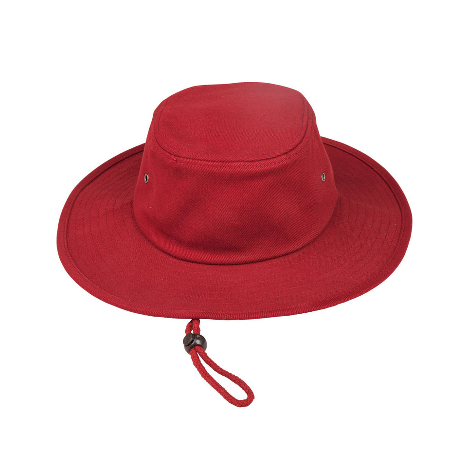 Red brushed cotton surf hat with wide brim, metal eyelets and adjustable chin cord