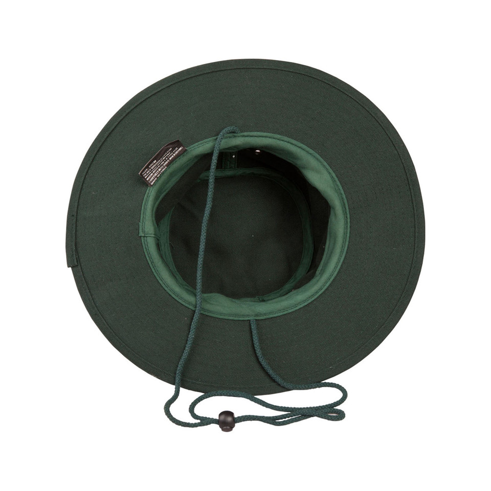 Forest green brushed cotton surf hat viewed from above showing wide brim and adjustable drawstring chin cord