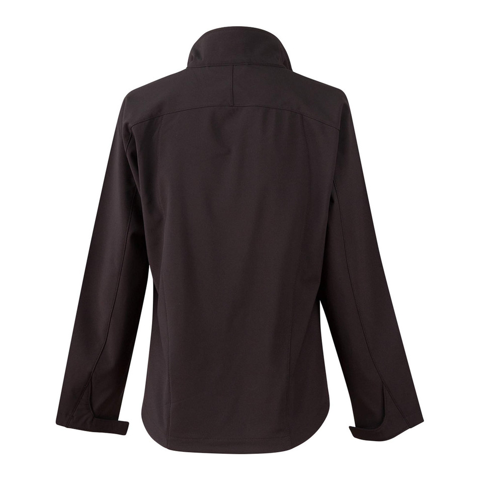 Charcoal softshell jacket back view with high collar and smooth panel construction