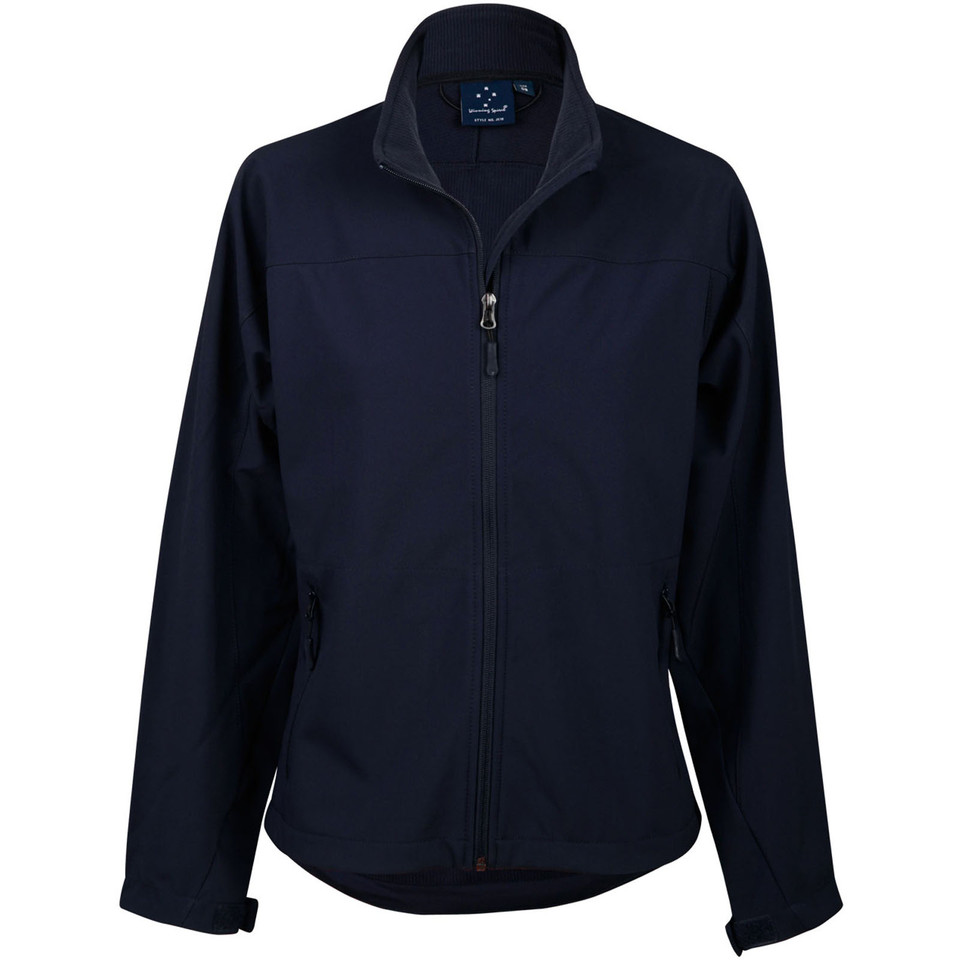 Navy softshell jacket with full-length centre zip and stand-up collar