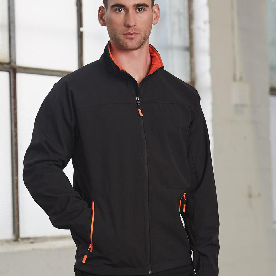Black softshell jacket with orange contrast lining on collar and zip trims