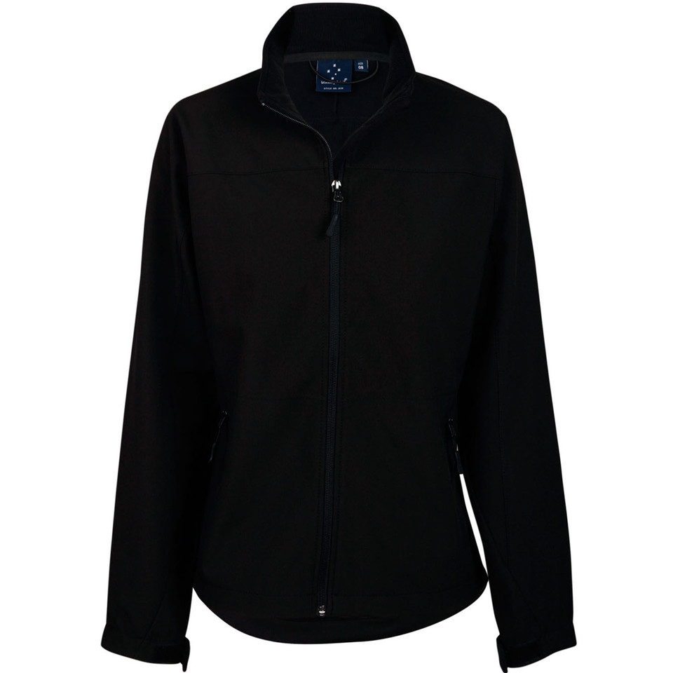 Black lightweight softshell jacket with full-length zipper and fitted silhouette featuring zippered hand pockets