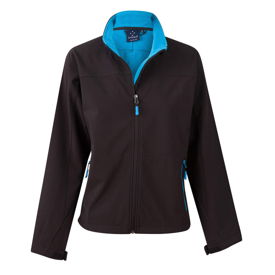 Black softshell jacket with cyan blue contrast collar, zip, and pocket trim in ladies fit
