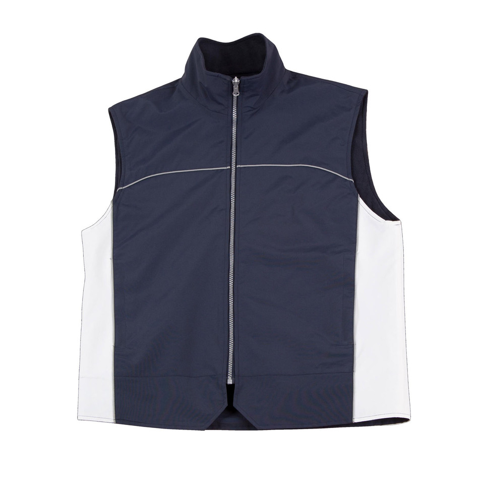 Navy vest with white side panels, grey piping detail, and full-length centre zip