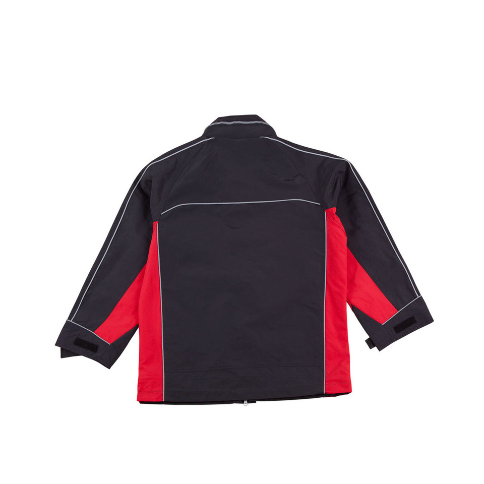 Back view of charcoal jacket with red side panels and white piping detail on shoulders and sleeves