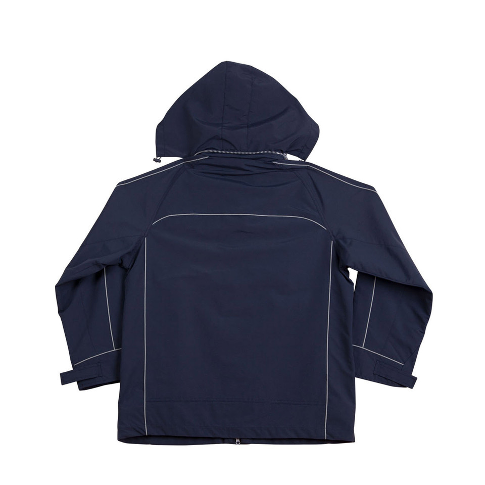 Navy 3-in-1 jacket with hood and grey contrast piping detail, back view showing reversible vest component