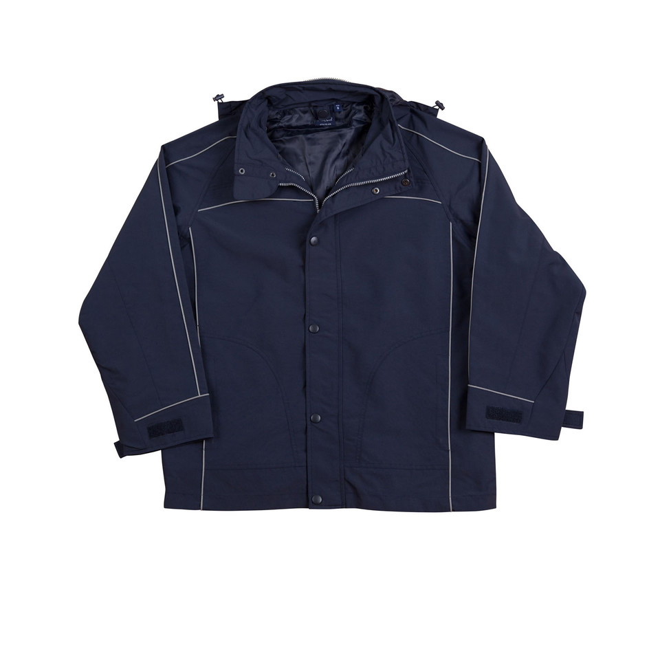 Navy 3-in-1 jacket with detachable hood and reversible inner vest featuring contrast piping detail