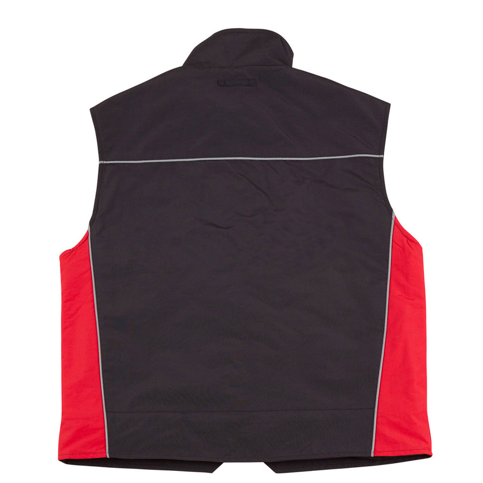 Back view of charcoal and red sleeveless vest with contrast side panels and reflective shoulder piping
