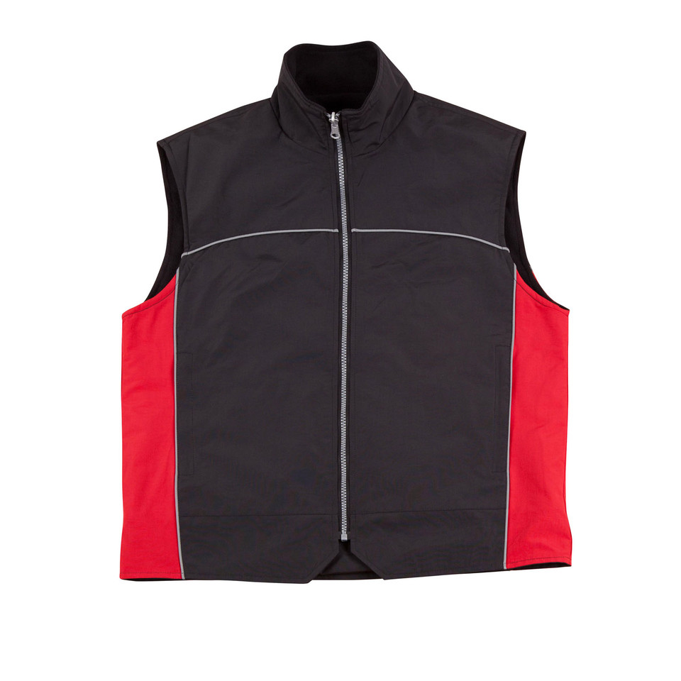 Black and red sleeveless vest with full-length silver zip, contrast side panels and reflective piping, flat lay