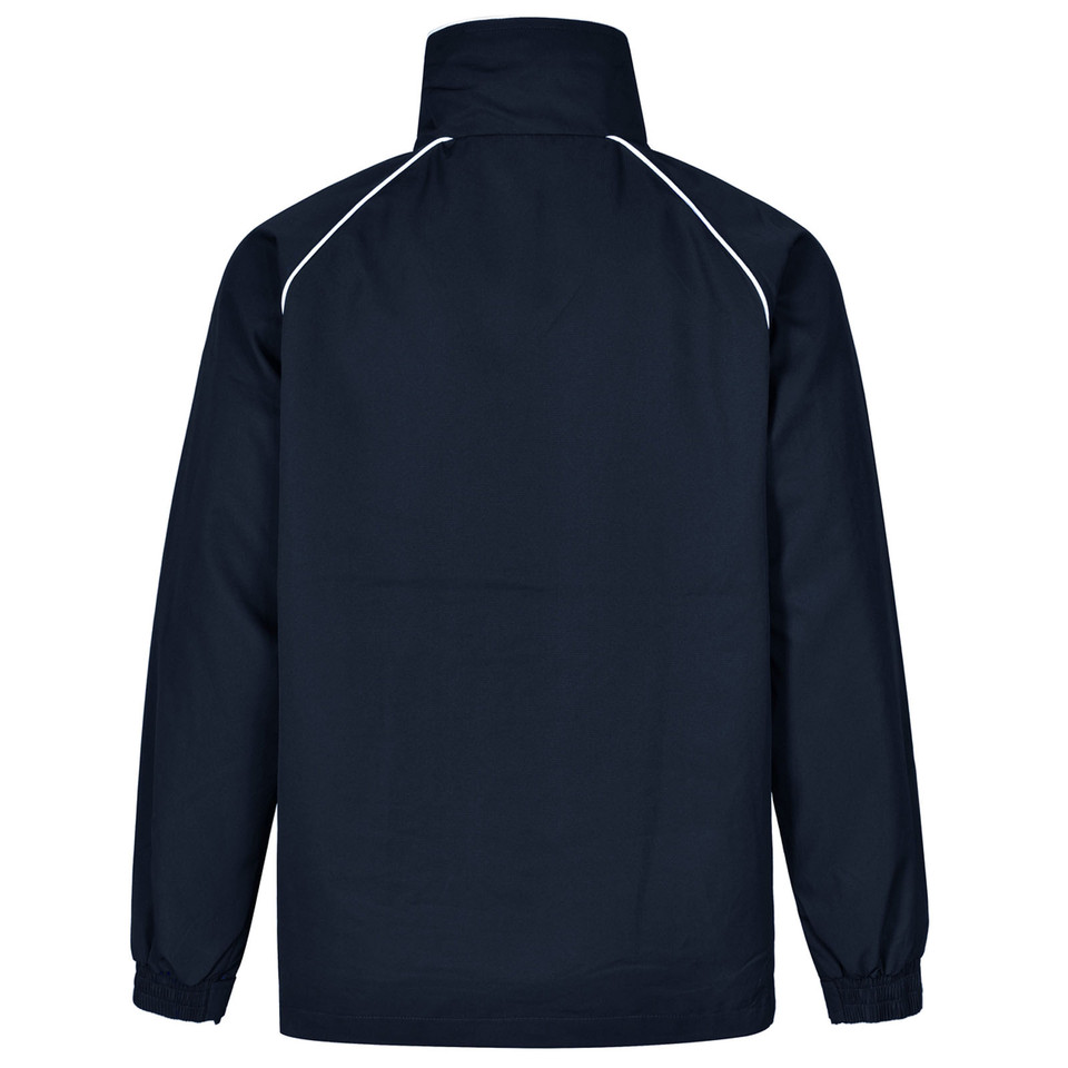 Navy lightweight jacket with white contrast piping along shoulders and raglan sleeves, featuring elastic cuffs and high collar