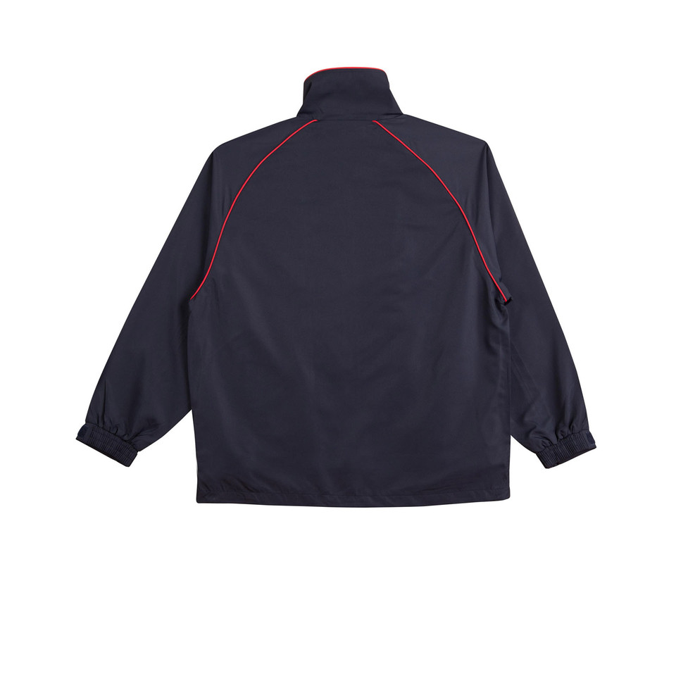 Navy kids jacket back view with red contrast piping detail along raglan sleeves and elastic cuffs