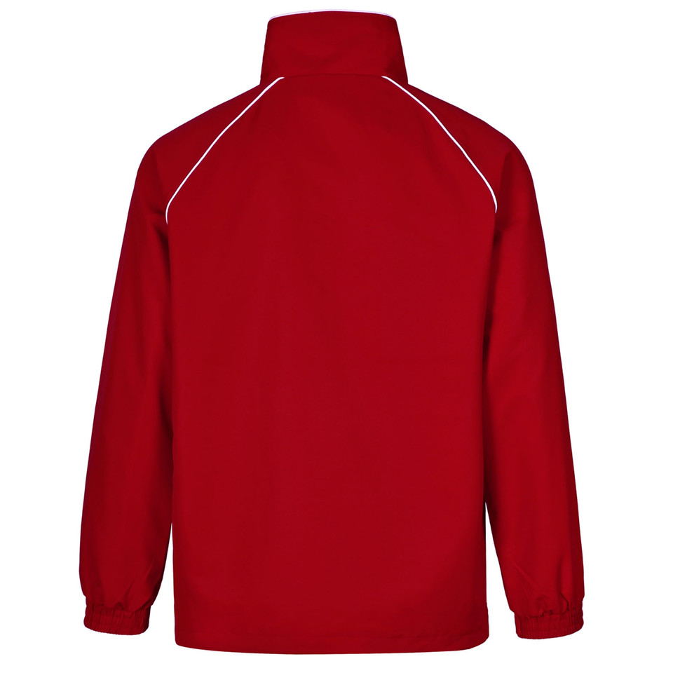 Red lightweight jacket with white contrast piping along raglan sleeves and high collar