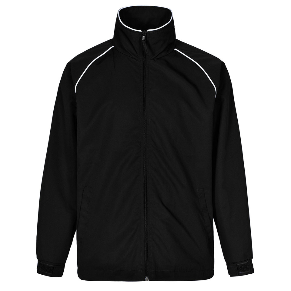 Black kids jacket with white contrast piping along shoulders and stand-up collar, featuring full zip closure
