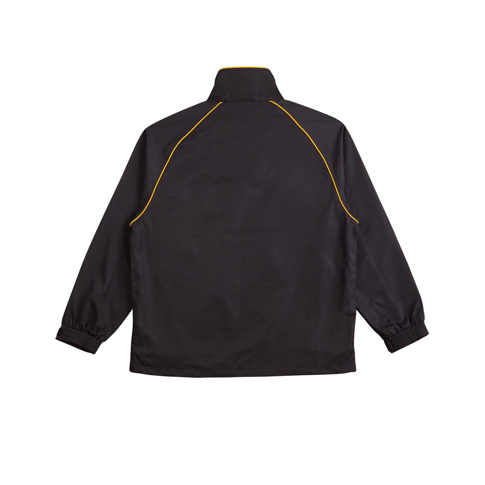 Black lightweight jacket with gold contrast piping along raglan sleeves and elastic cuffs