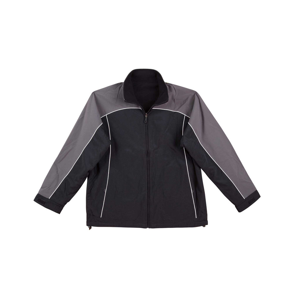 Black and charcoal unisex zip-up jacket with contrast grey sleeves and white piping detail, flat lay