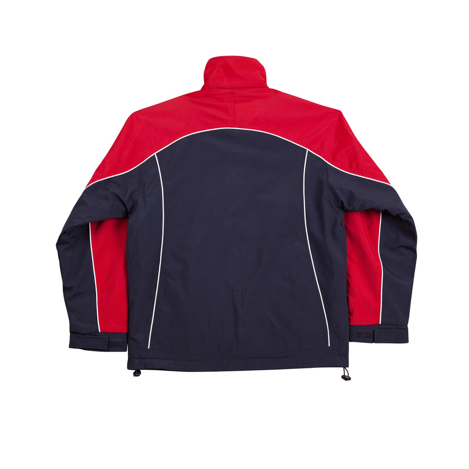Navy and red reversible fleece jacket with white piping detail and stand-up collar, back view