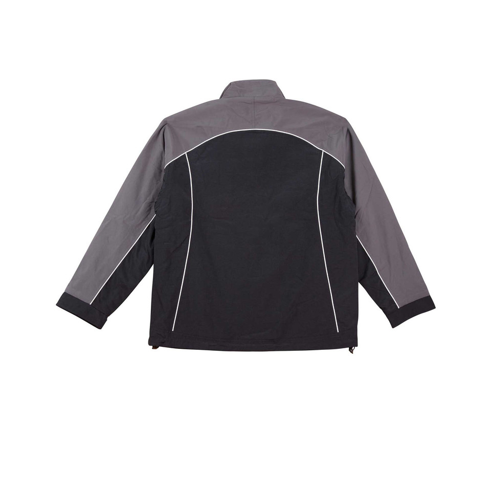Back view of black and charcoal reversible jacket with white contrast piping and two-tone panel detail