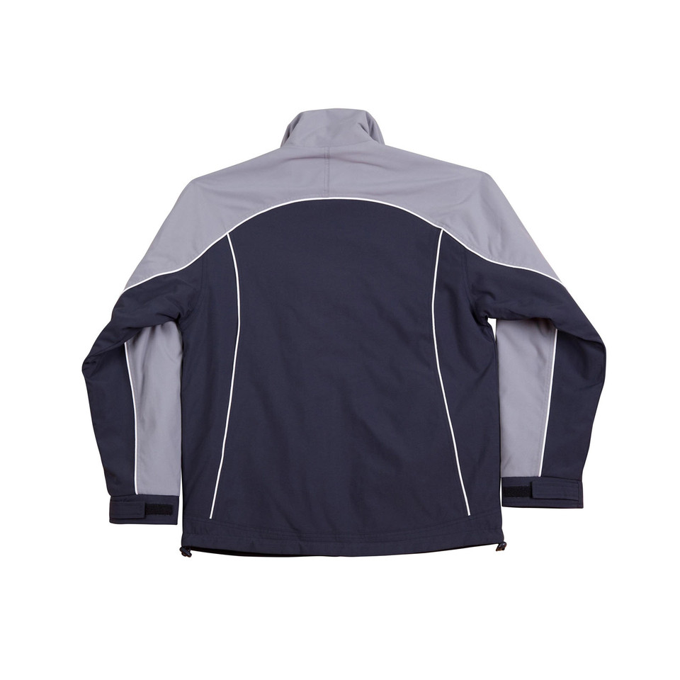 Navy and grey reversible fleece jacket with white piping detail, shown from back with tri-colour block panel design