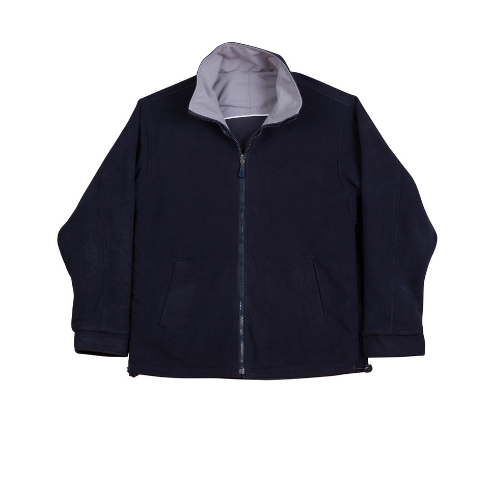 Navy reversible fleece jacket with grey hood and contrast trim, featuring front zip and side pockets