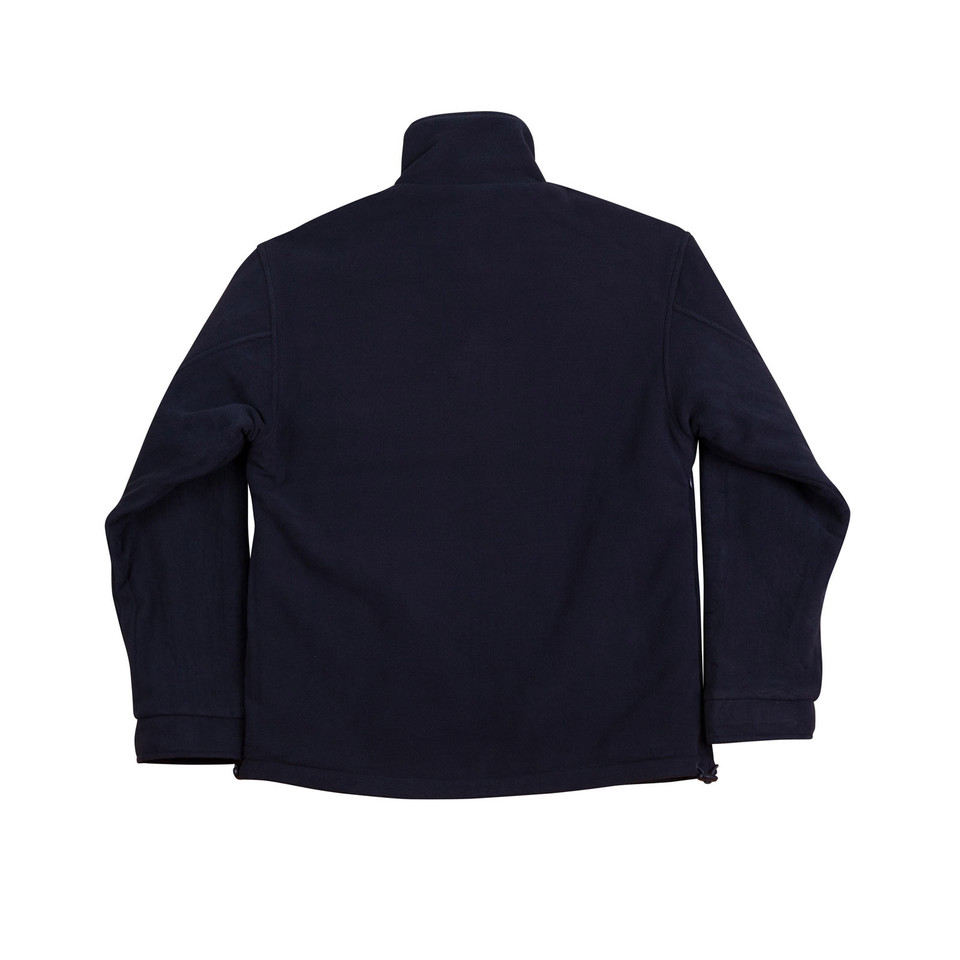 Navy reversible fleece jacket back view with high collar and contrasting trim details