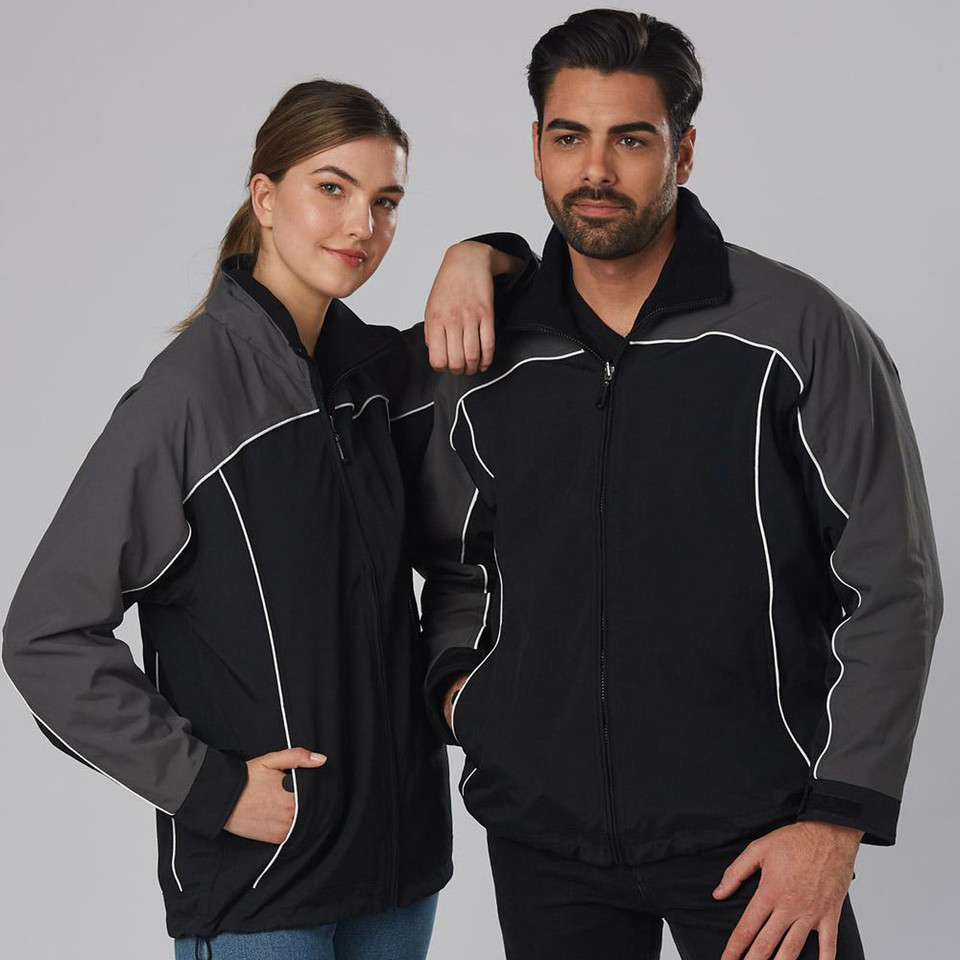 Black and charcoal reversible fleece jackets with white piping trim, front zip closure and contrast panelling