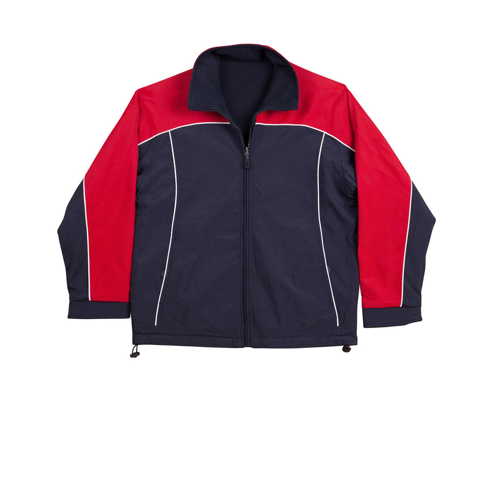 Navy and red reversible fleece jacket with white piping detail and full zip front