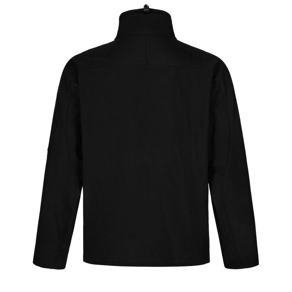 Black softshell jacket back view with high collar and stretchy technical fabric