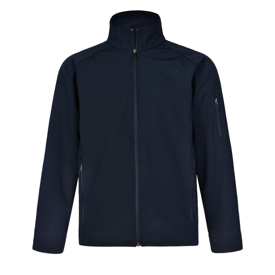 Navy softshell jacket with full front zipper, stand collar, and sleeve pocket detail