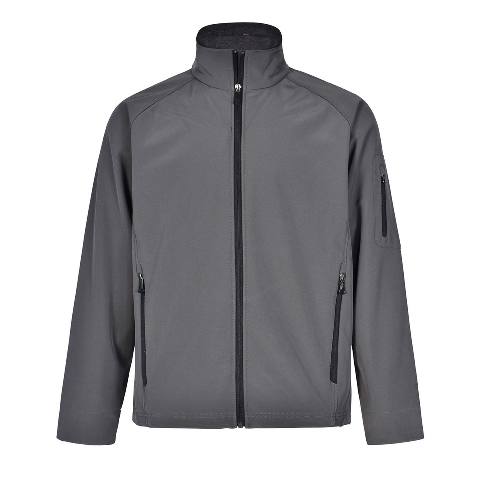 Charcoal grey softshell jacket with black contrast zippers and sleeve pocket detail