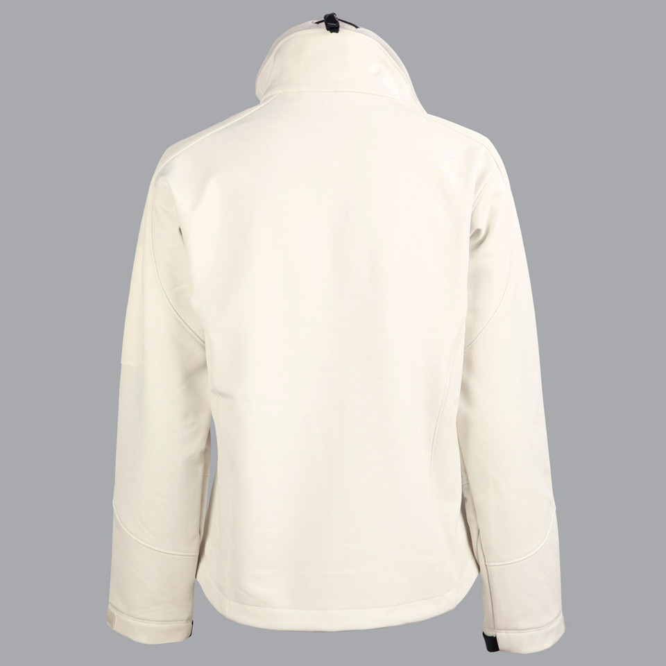 Back view of natural cream ladies softshell jacket with high collar and stretchy construction